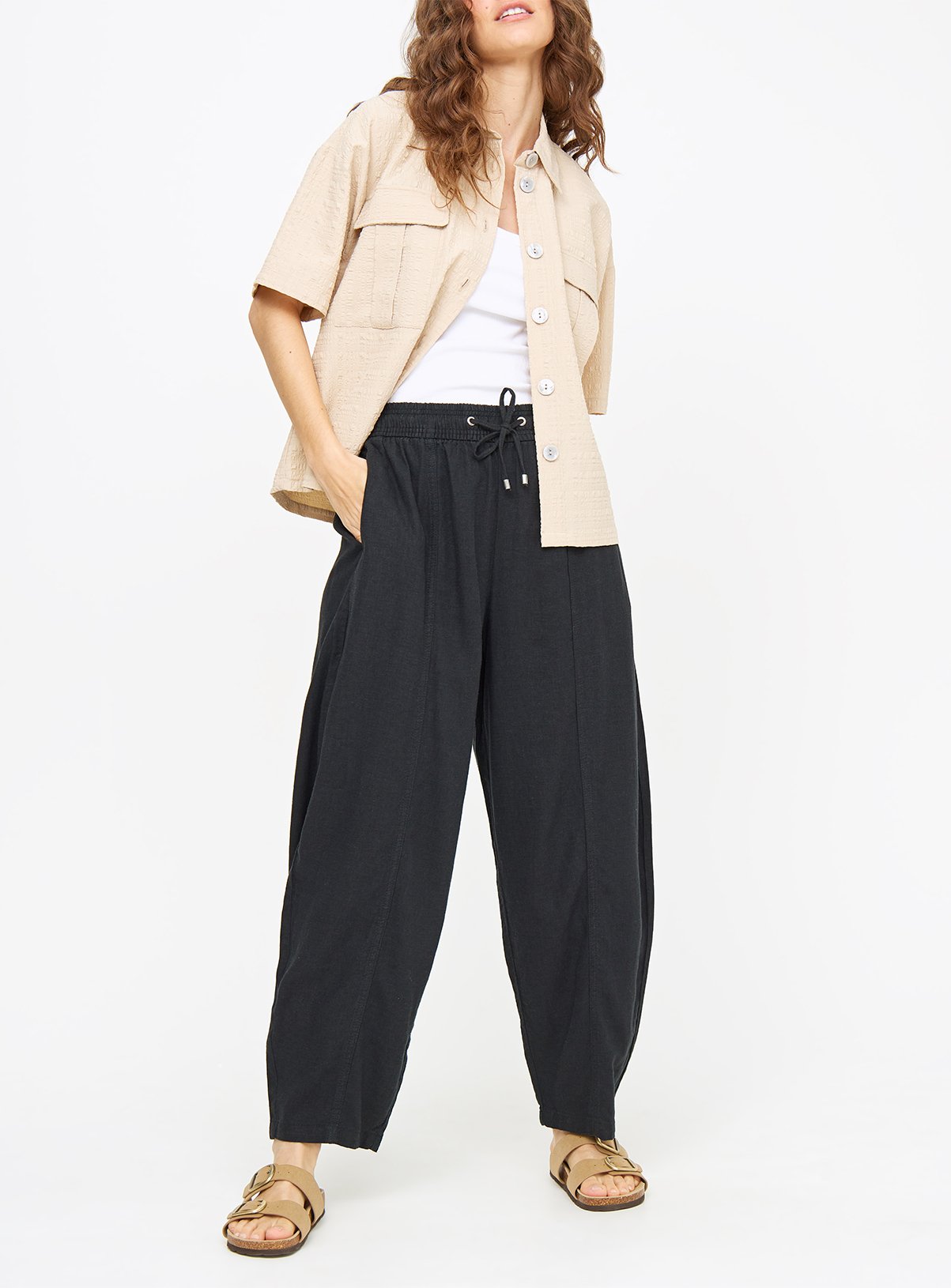Linen Blend Barrel Leg Trousers  
