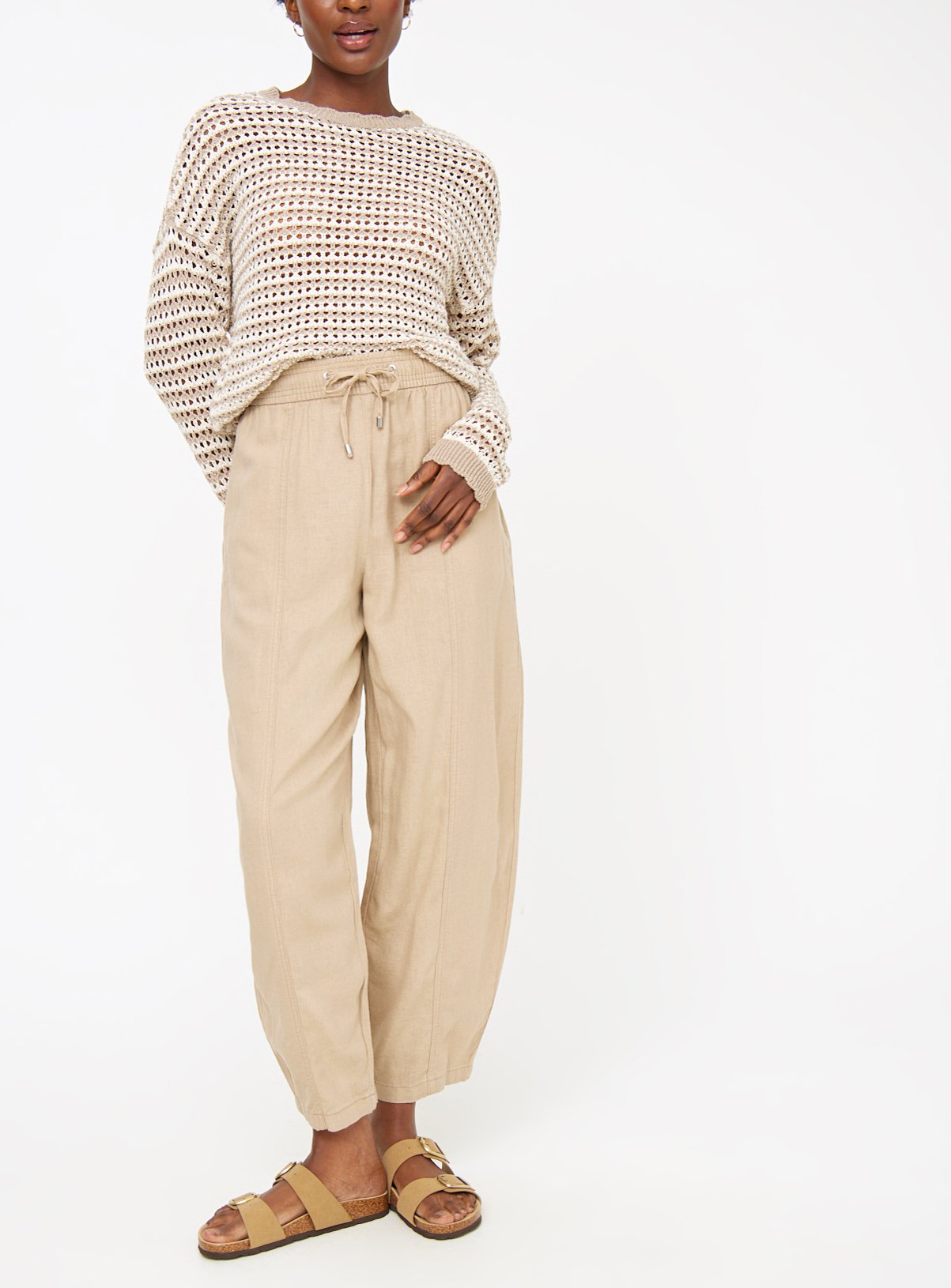 Linen Blend Barrel Leg Trousers  