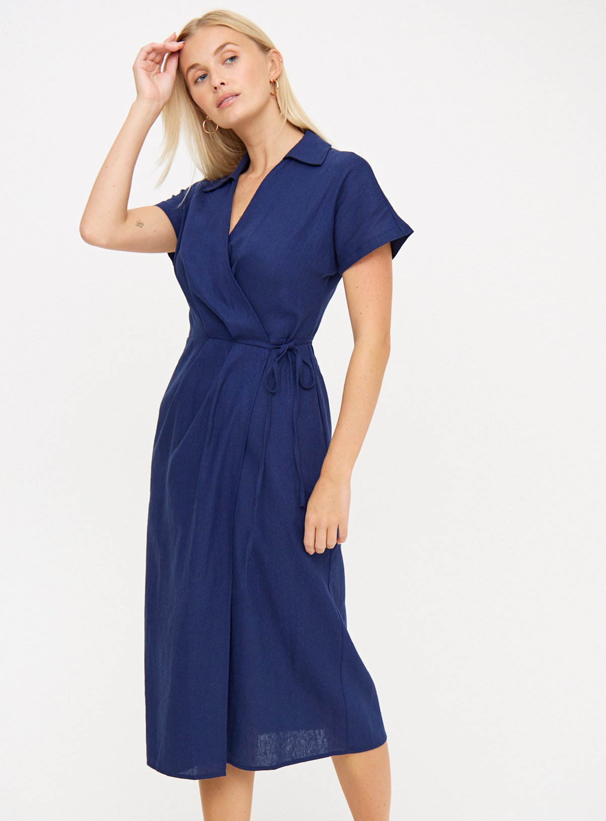 Navy Linen Blend Wrap Dress 