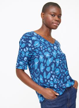 Blue Abstract V Neck Relaxed T-Shirt 