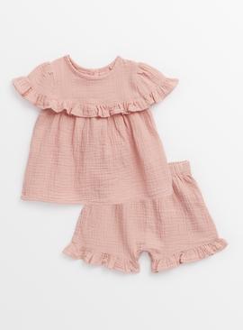 Light Pink Frill Woven Top & Shorts Set Up to 3 mths