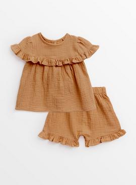 Brown Woven Top & Shorts Set Up to 3 mths