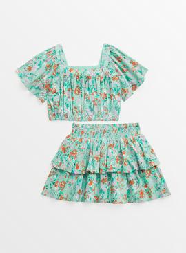 Green Floral Bardot Top & Skirt Set 