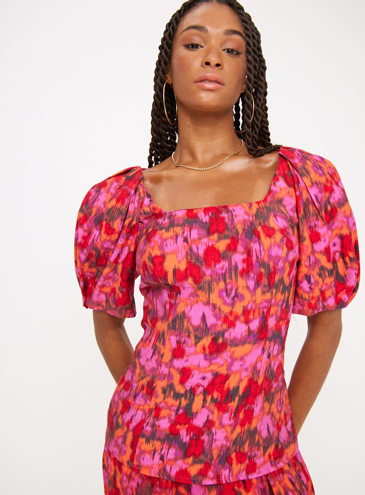 Pink Blurred Print Puff Sleeve Blouse 20