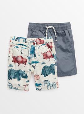 White Safari Print & Grey Poplin Shorts 2 Pack 