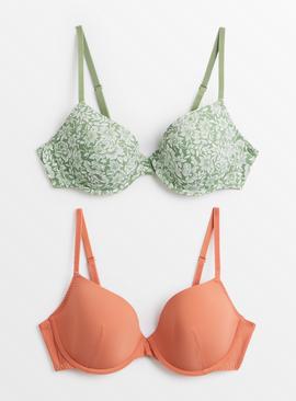 Khaki Floral & Peach Padded Underwired Bras 2 Pack 