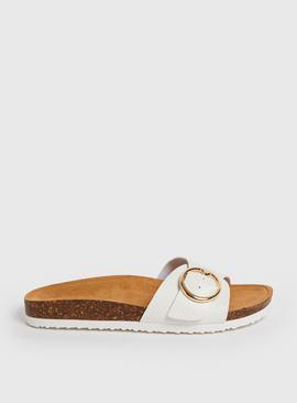 White Faux Leather Buckle Slip On Sandals 