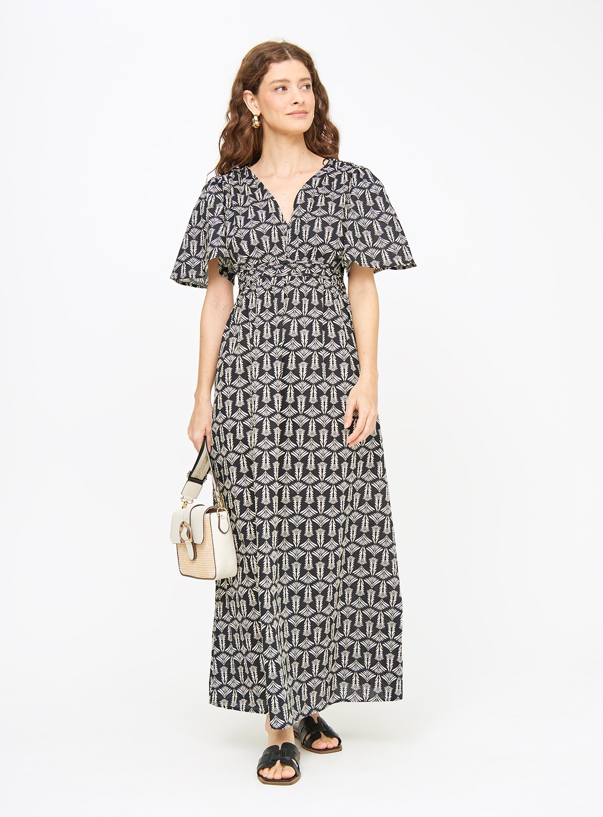 Monochrome Palm Print Maxi Dress 