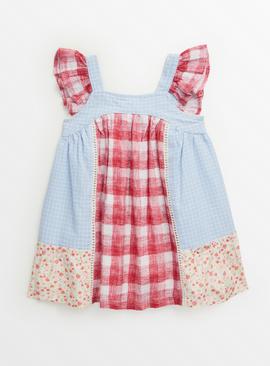 Patchwork Check Frill Sleeve Dress 