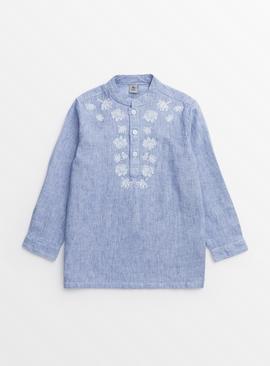 Blue Embroidered Linen Blend Short Kurta 