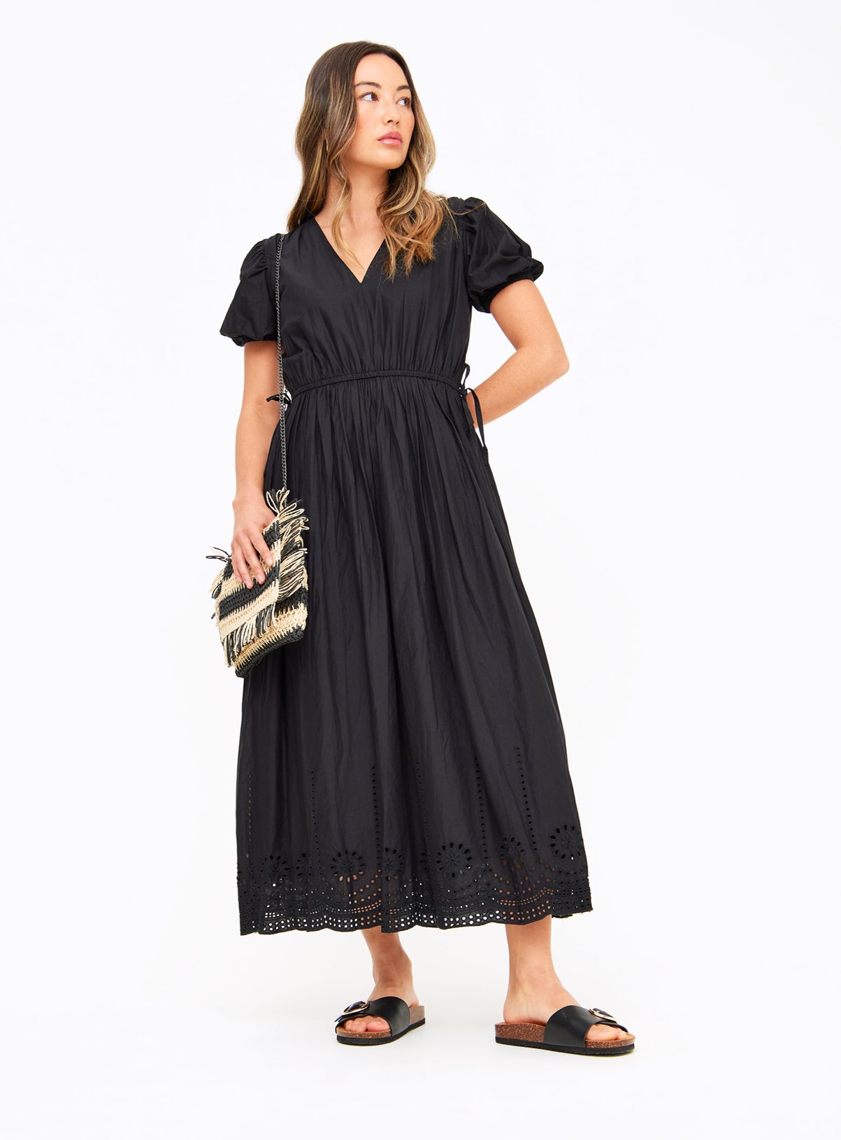 Black Broderie Short Sleeve Midaxi Dress 