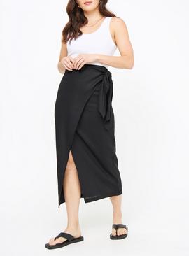 Black Linen Blend Wrap Tie Side Skirt 