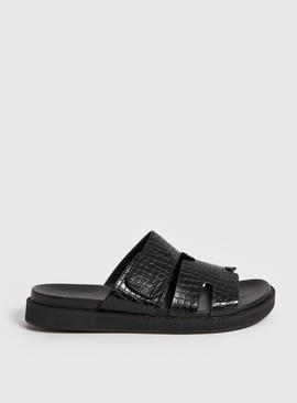 Black Faux Croc Slip On Sandals  