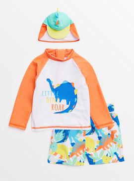Dinosaur Print Rash Vest, Swim Shorts & Keppi Hat Set 