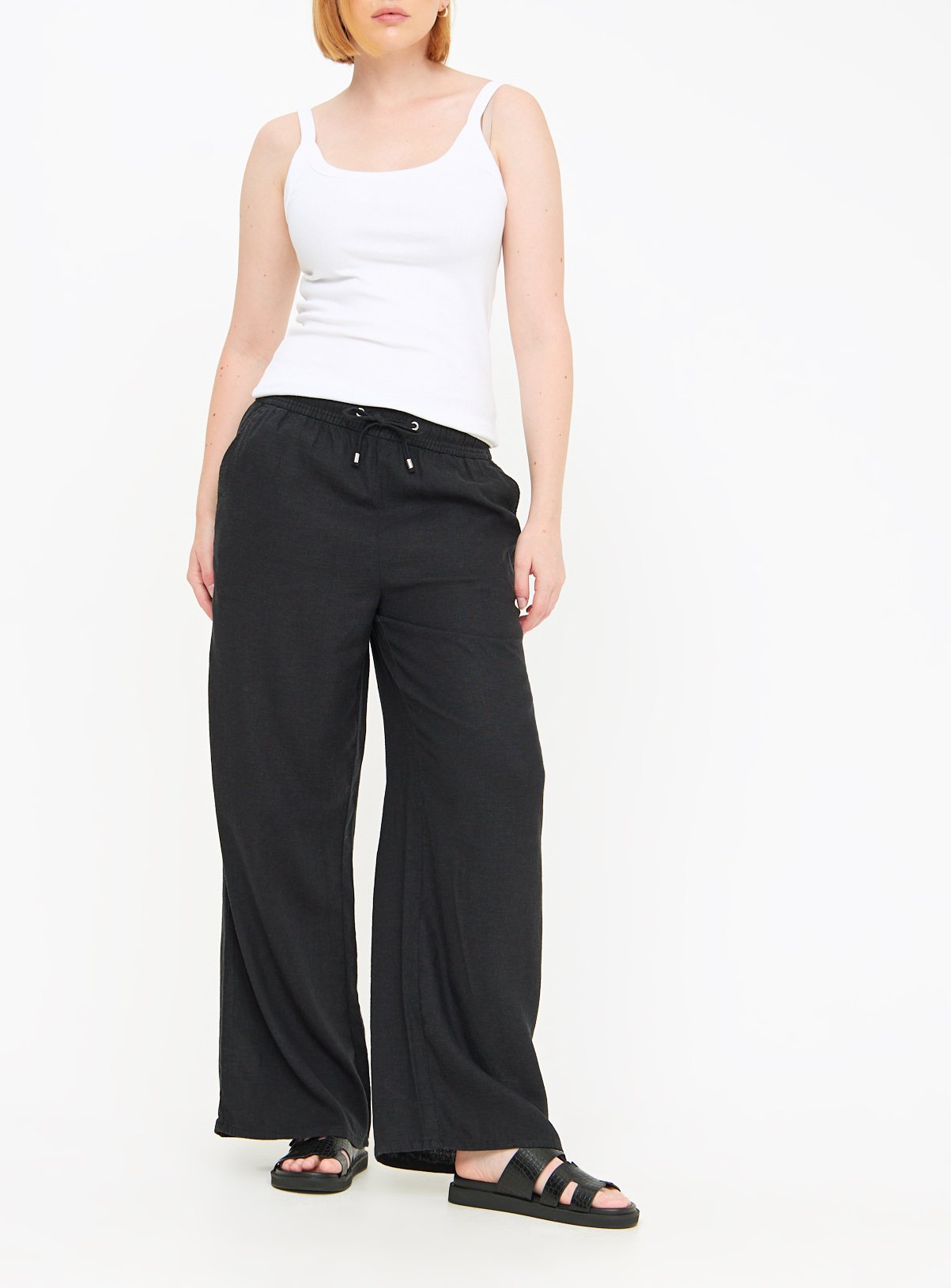 Linen Blend Wide Leg Drawstring Trousers  