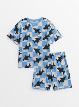 Blue Checkerboard Shark Print Short Sleeve Pyjamas 