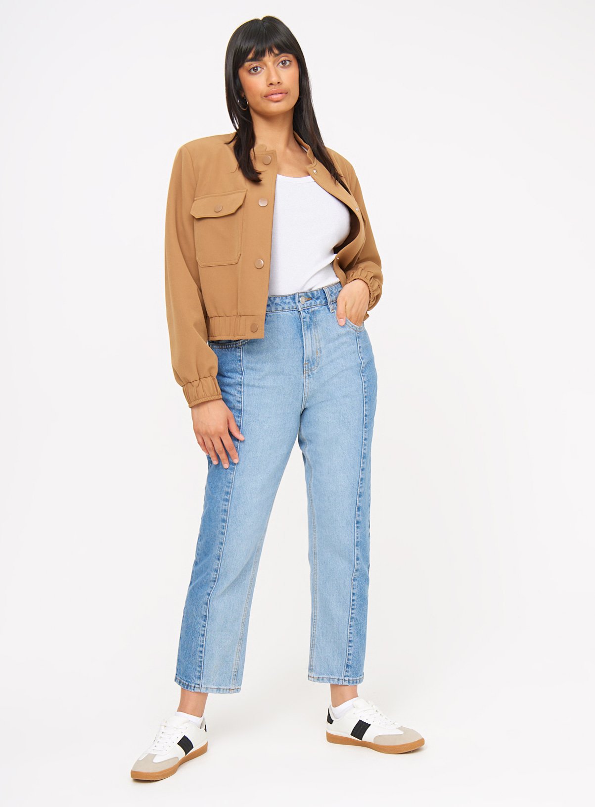 Mid Wash Denim Contrast Panel Mom Jeans 