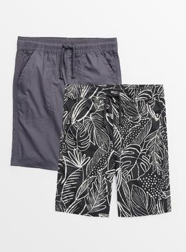 Leaf Print & Plain Shorts 2 Pack 