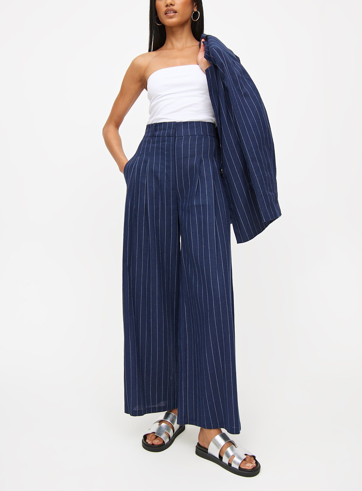 Navy Pinstripe Ultra Wide Leg Linen Blend Coord Trousers 