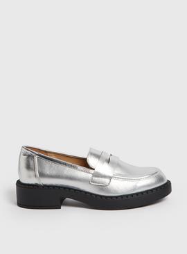 Metallic Silver Faux Leather Loafers  