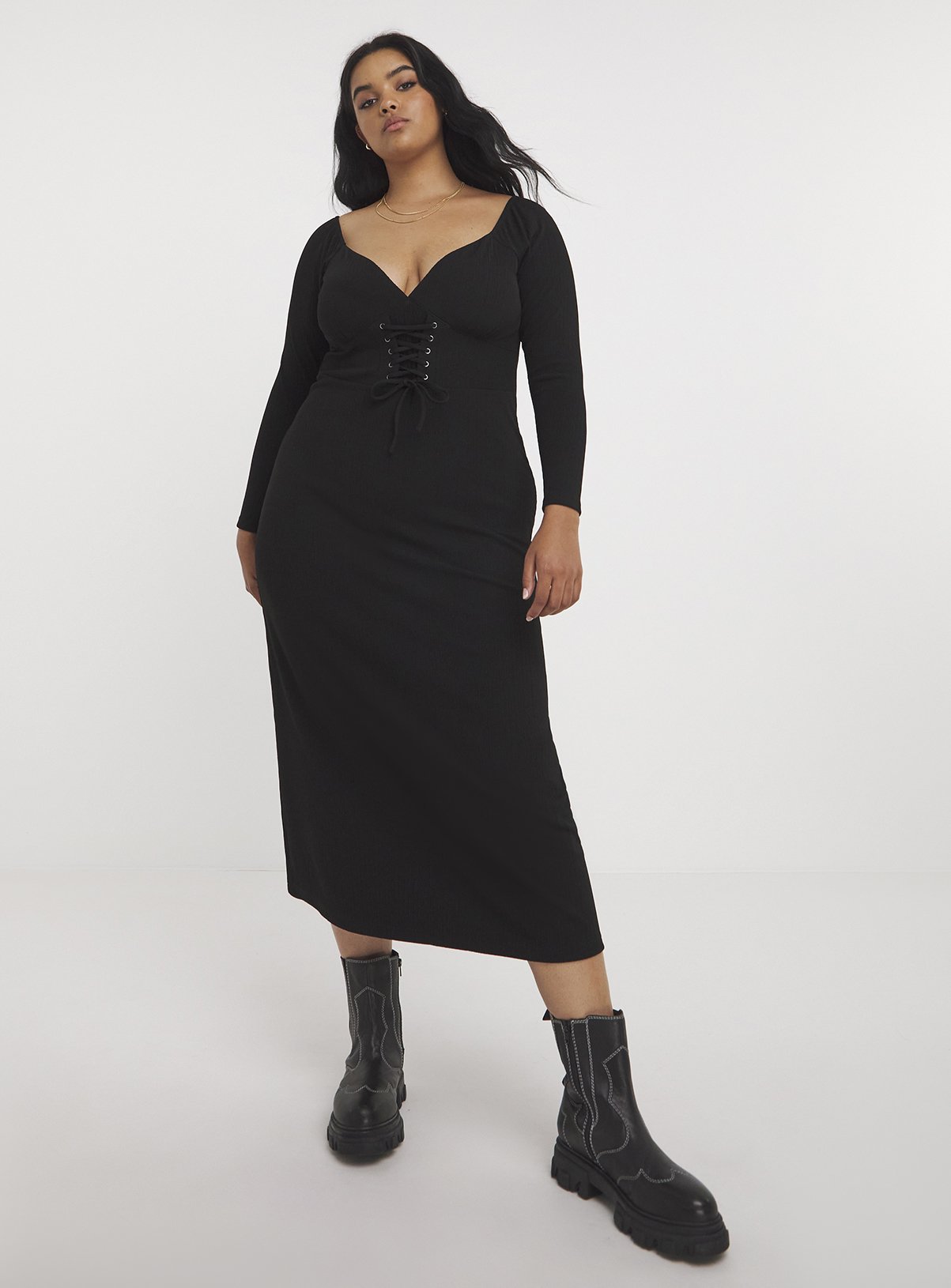 SIMPLY BE Black Corset Detail Rib Midi 