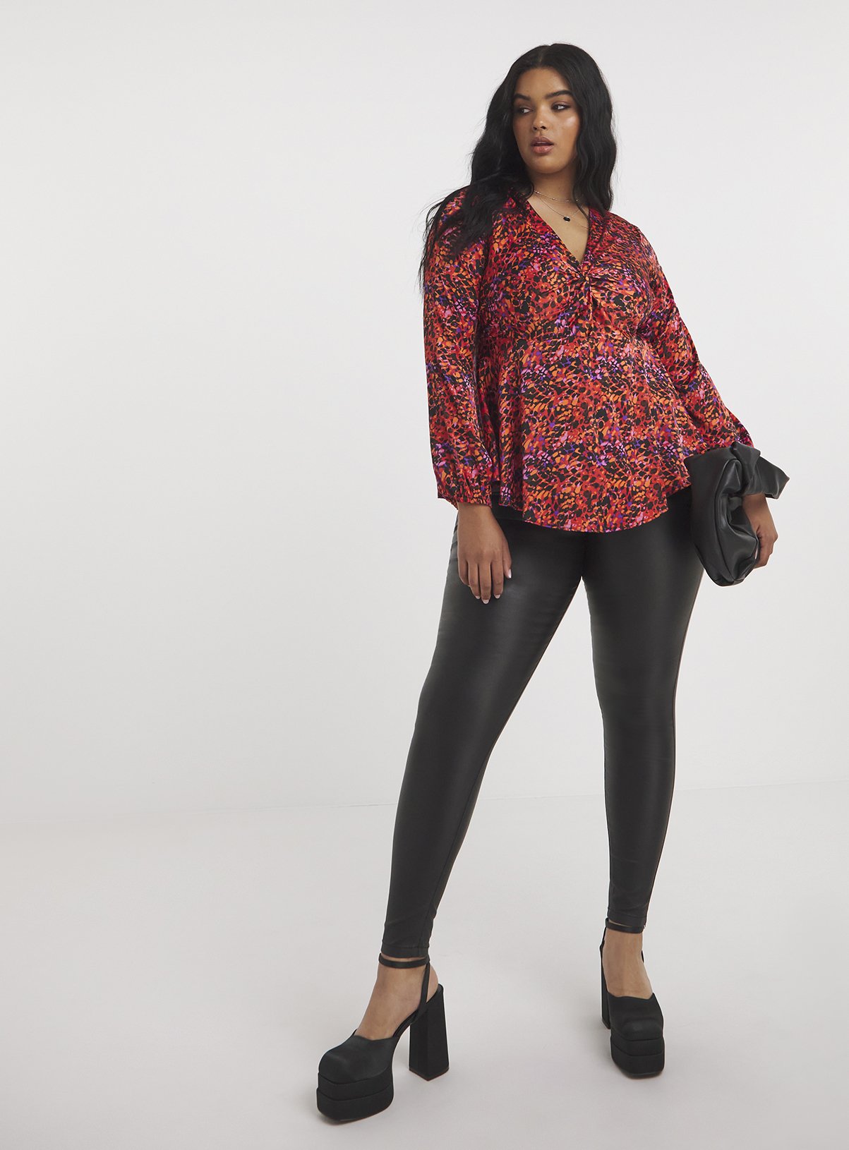 SIMPLY BE Multi Coloured Print Long Sleeve Twist Front Stretch Satin Blouse