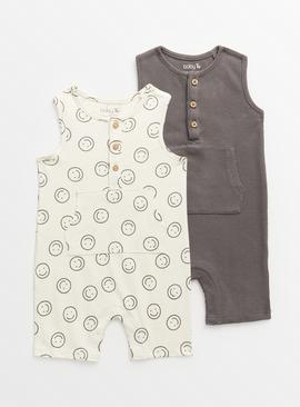 Cream Smiley Face & Charcoal Waffle Romper 2 Pack  Up to 3 mths