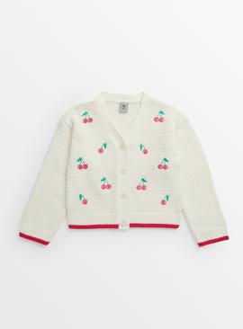  Cream Cherries Applique Knitted Cardigan 