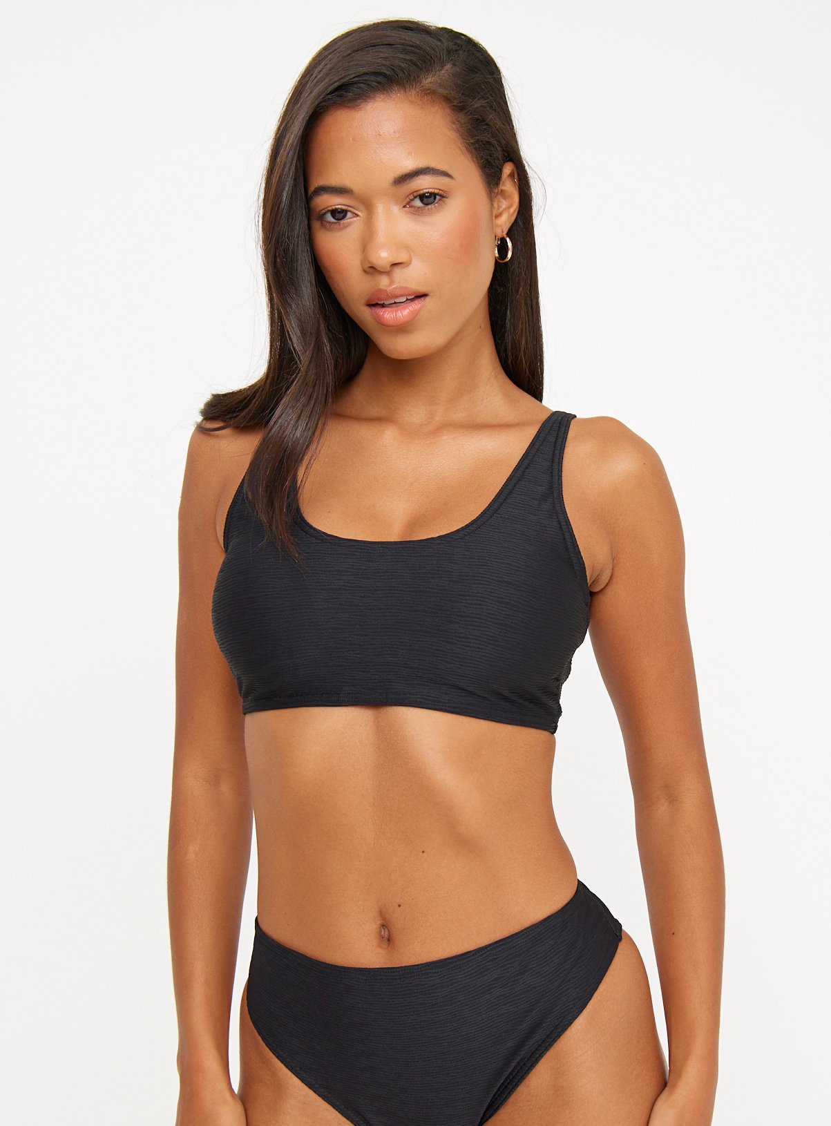 Black Textured Scoop Neckline Bikini Top 
