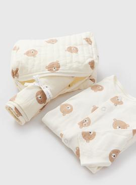 Teddy Bear Print Sleepsuit, Muslin & Bag Gift Set 