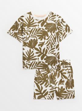Khaki Leaf Print T-Shirt & Shorts Set 