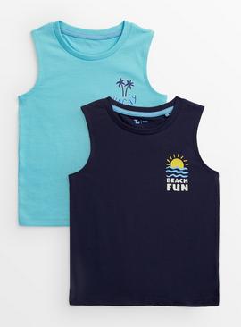 Blue & Navy Beach Print Sleeveless Vest Tops 2 Pack 