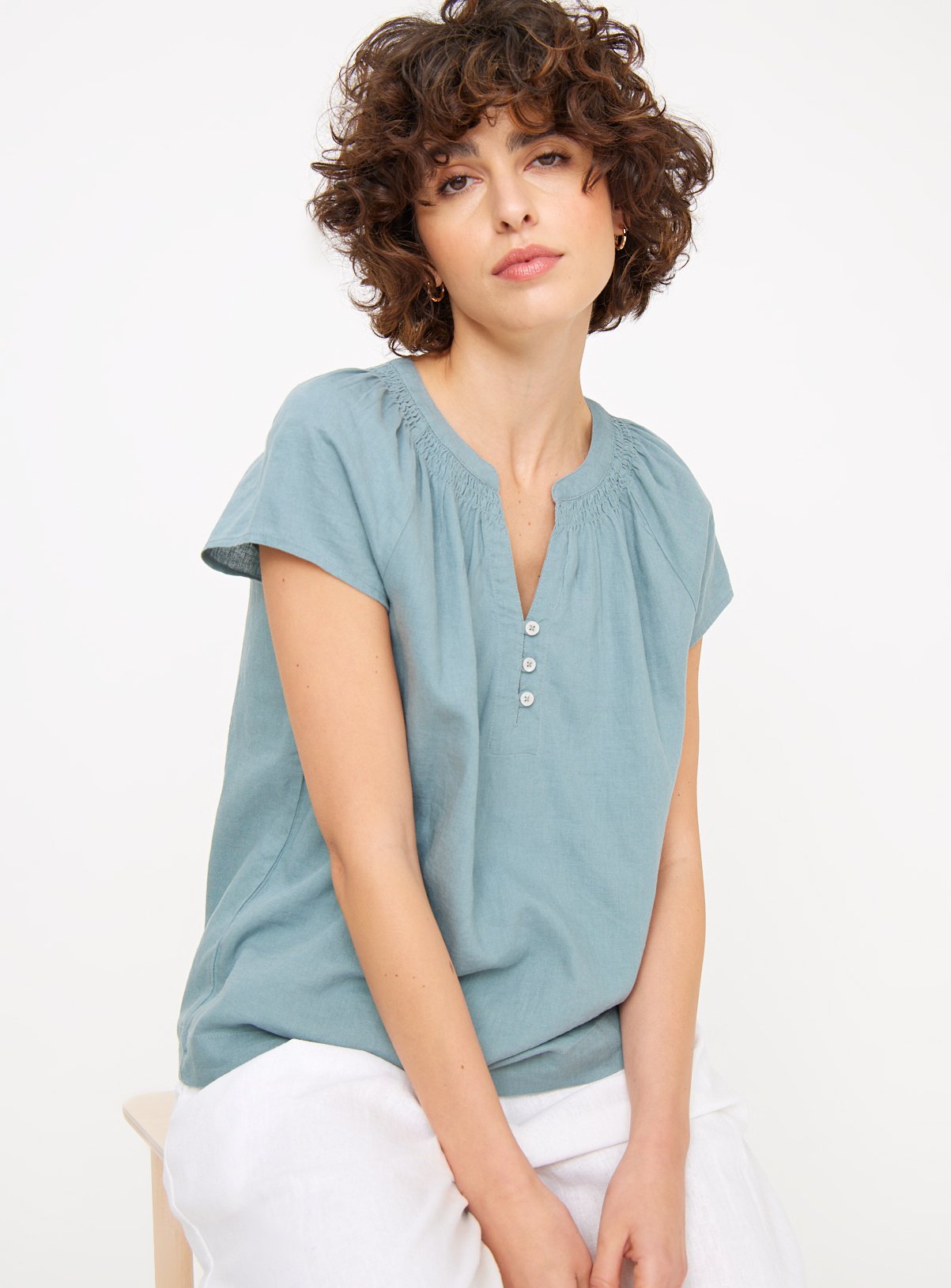 Linen Blend Flutter Sleeve Blouse 