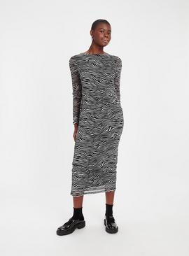 Zebra Print Ruched Mesh Midaxi Dress 