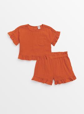 Red Woven Top & Shorts Set 