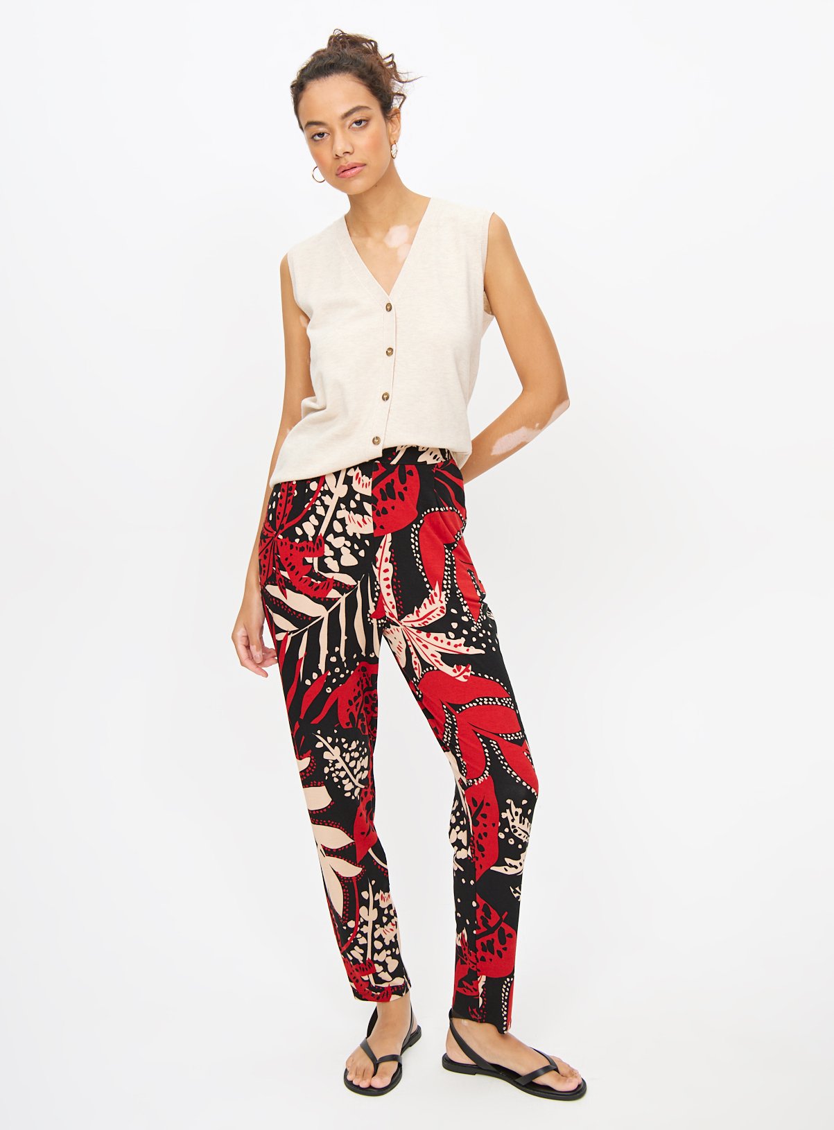 Red Abstract Tropical Print Tapered Trousers  
