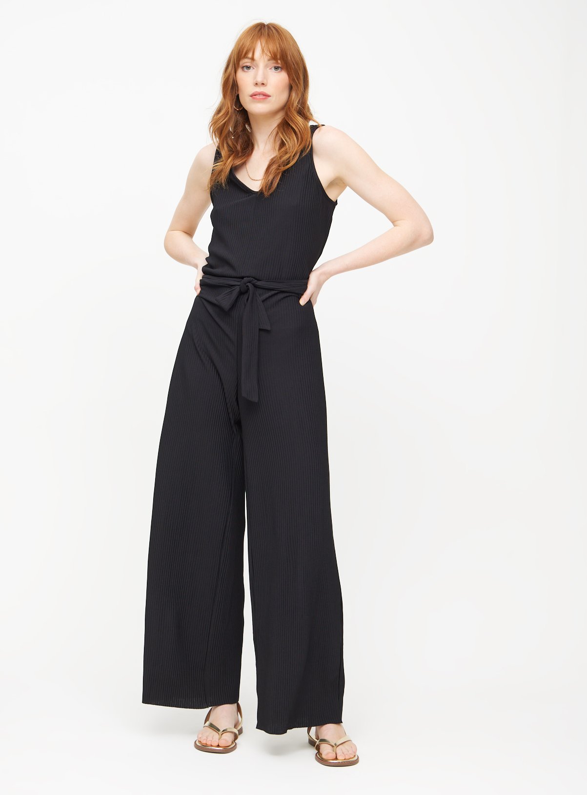 Black Plisse Wide Leg Jumpsuit