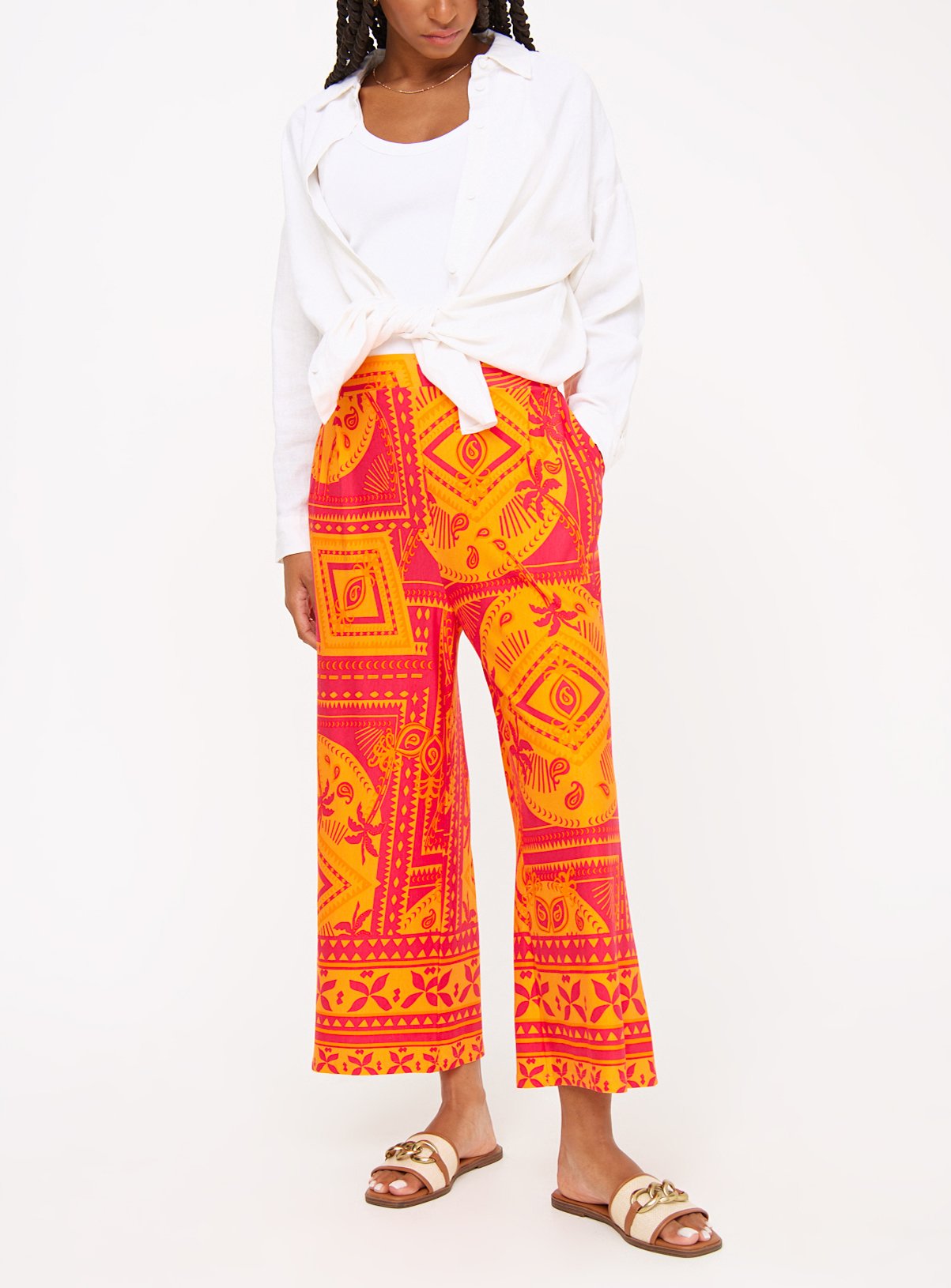 Pink Border Print Wide Leg Cropped Trousers 