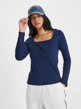 Navy Square Neck Long Sleeve Top 