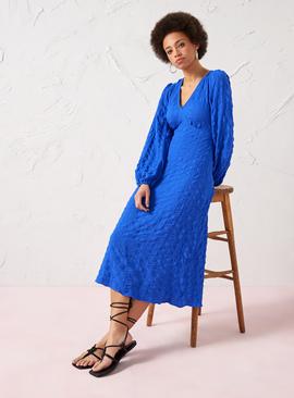 EVERBELLE Blue Textured V Neck Midi Tea Dress 