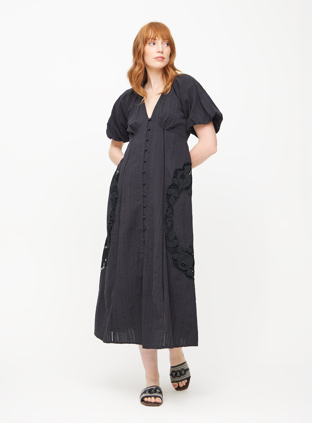 Black Broderie Puff Sleeve Midi Dress 