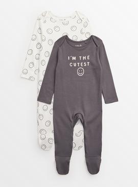 Grey Smiley Face Organic Sleepsuit 2 Pack 