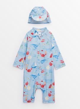 Blue Whale Print Swimsuit & Keppi Hat Set  
