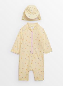 Yellow Fruit Print Swimsuit & Keppi Hat Set 