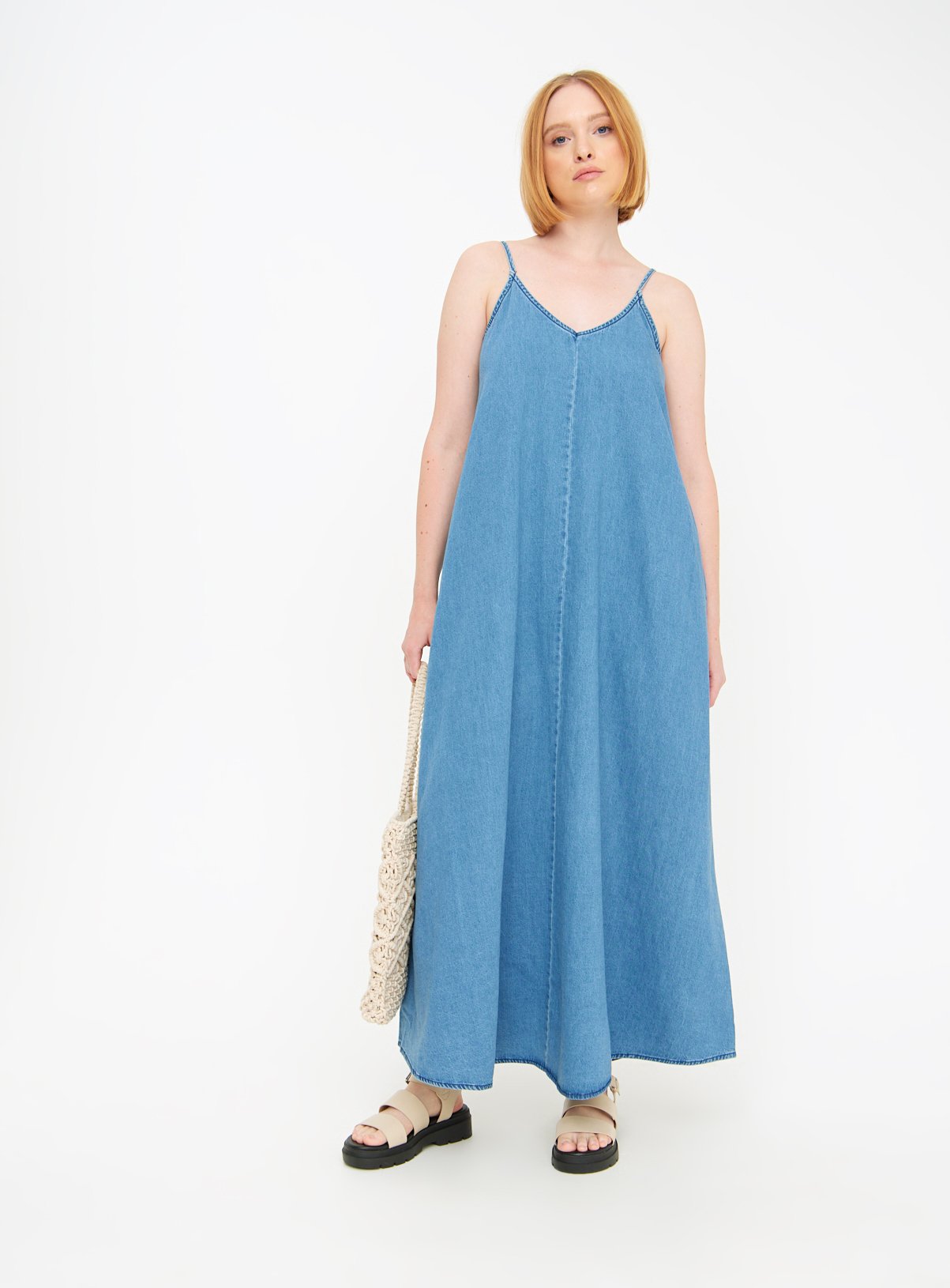 Denim Cami Trapeze Maxi Dress 