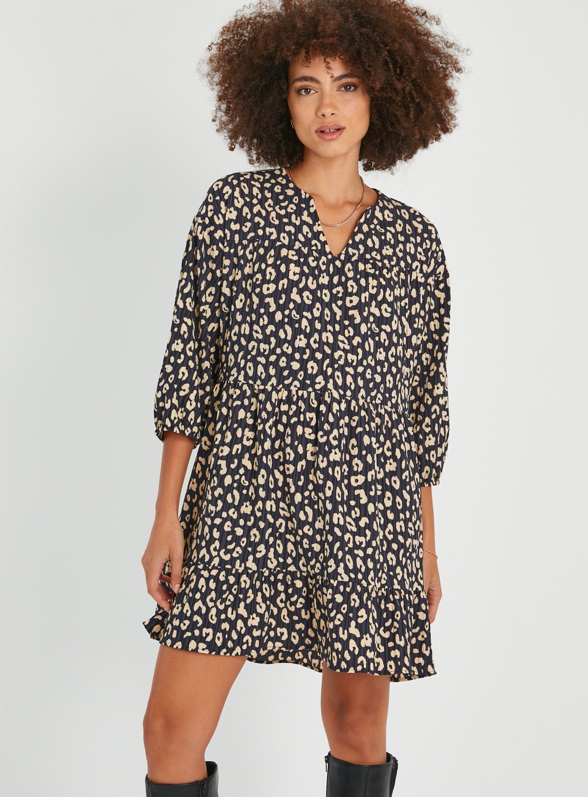 Animal Print Plisse Tiered Mini Dress 