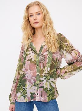 Green Floral Tie Neck Blouse 