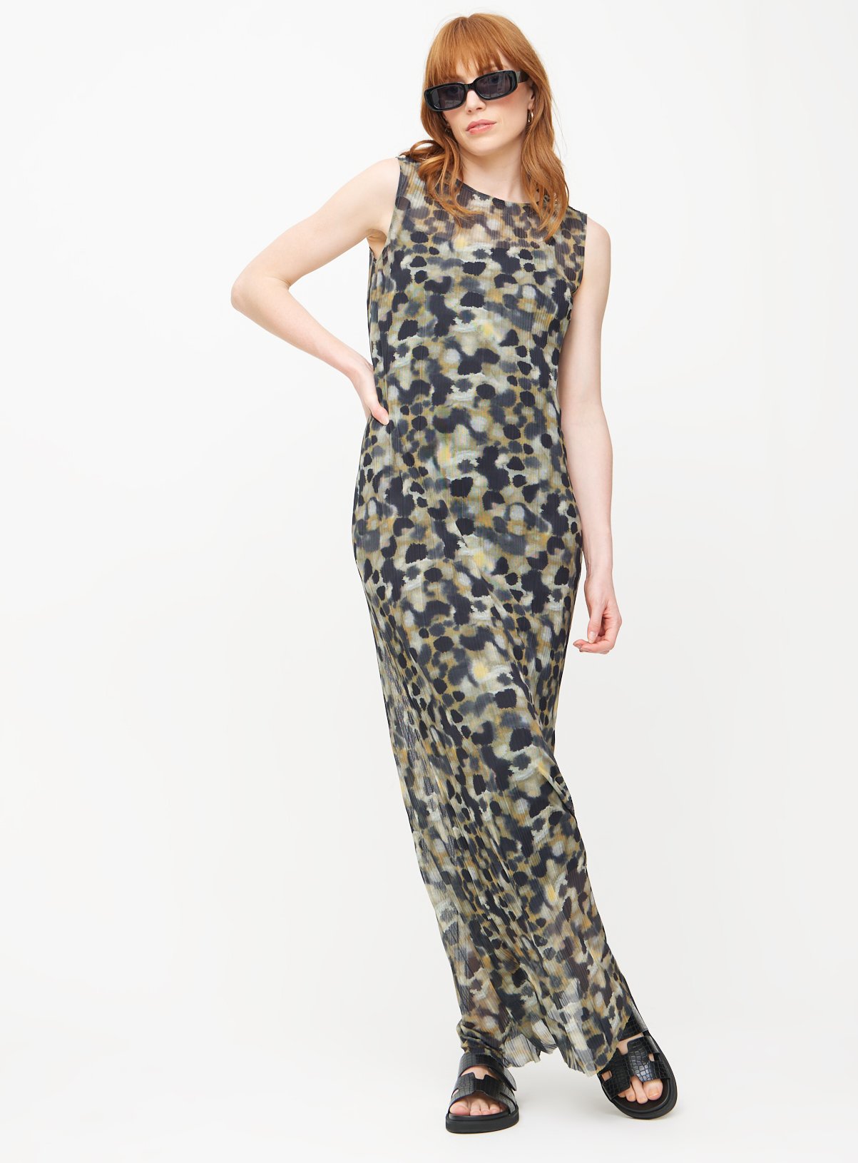 Black Smudge Spot Crinkle Mesh Maxi Dress