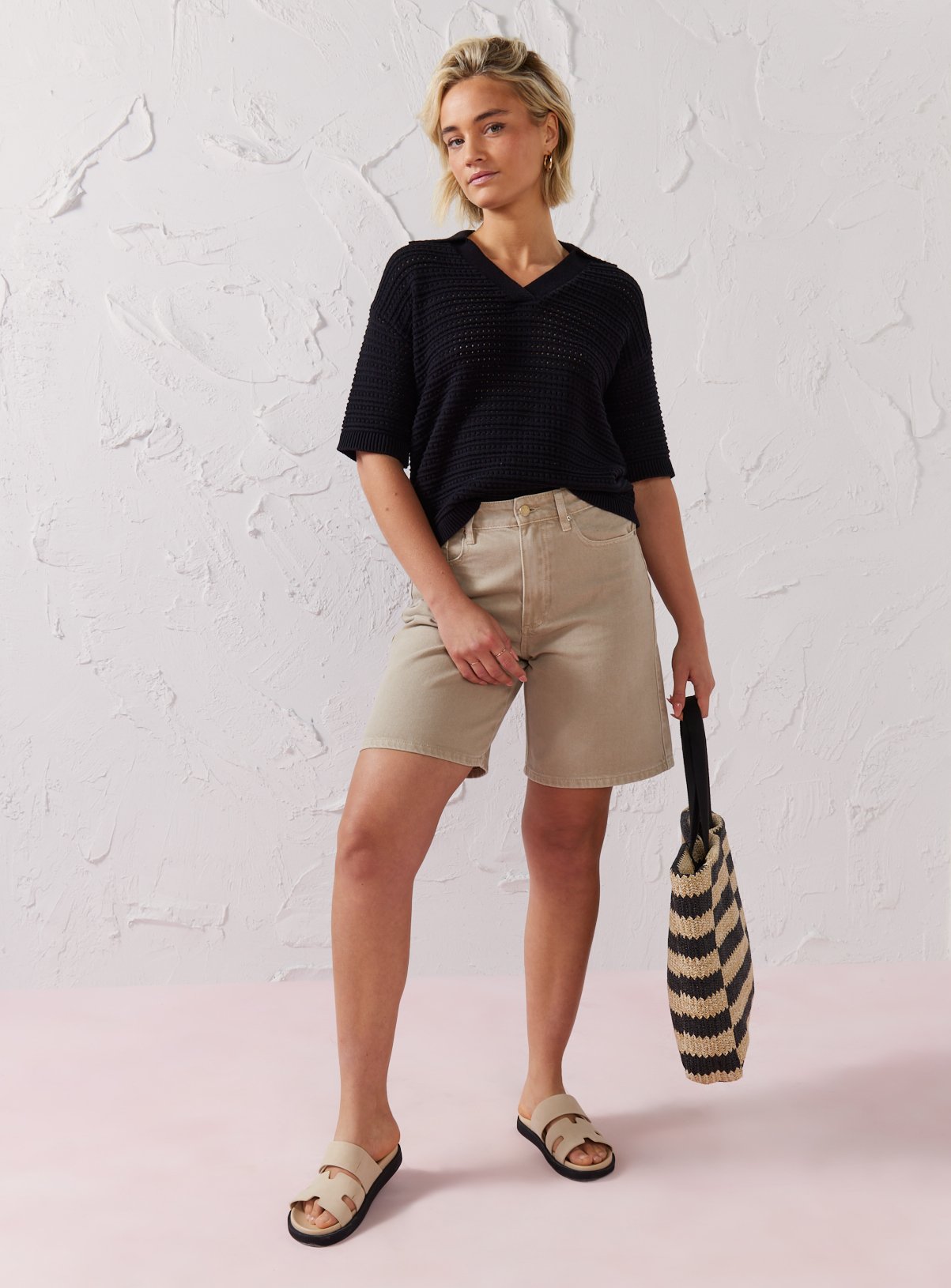 EVERBELLE Open Stitch Polo Knitted Top 
