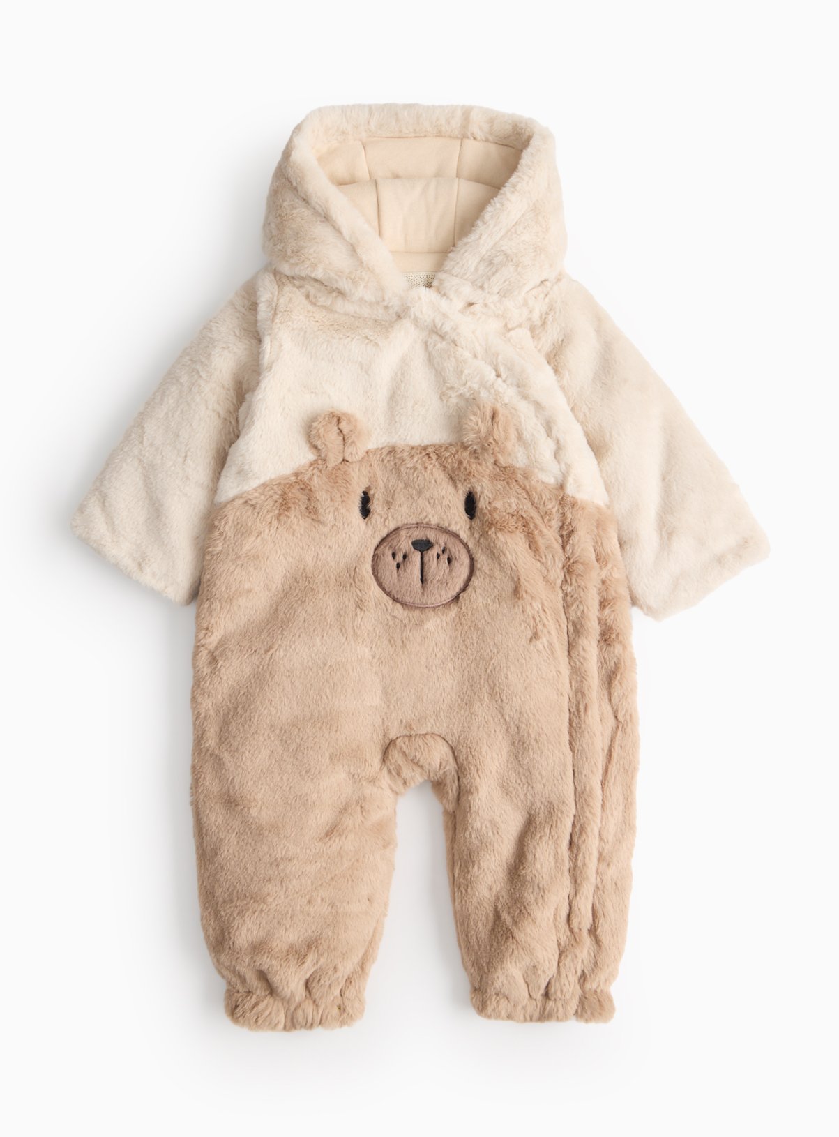 Beige Bear Print Fluffy Pramsuit